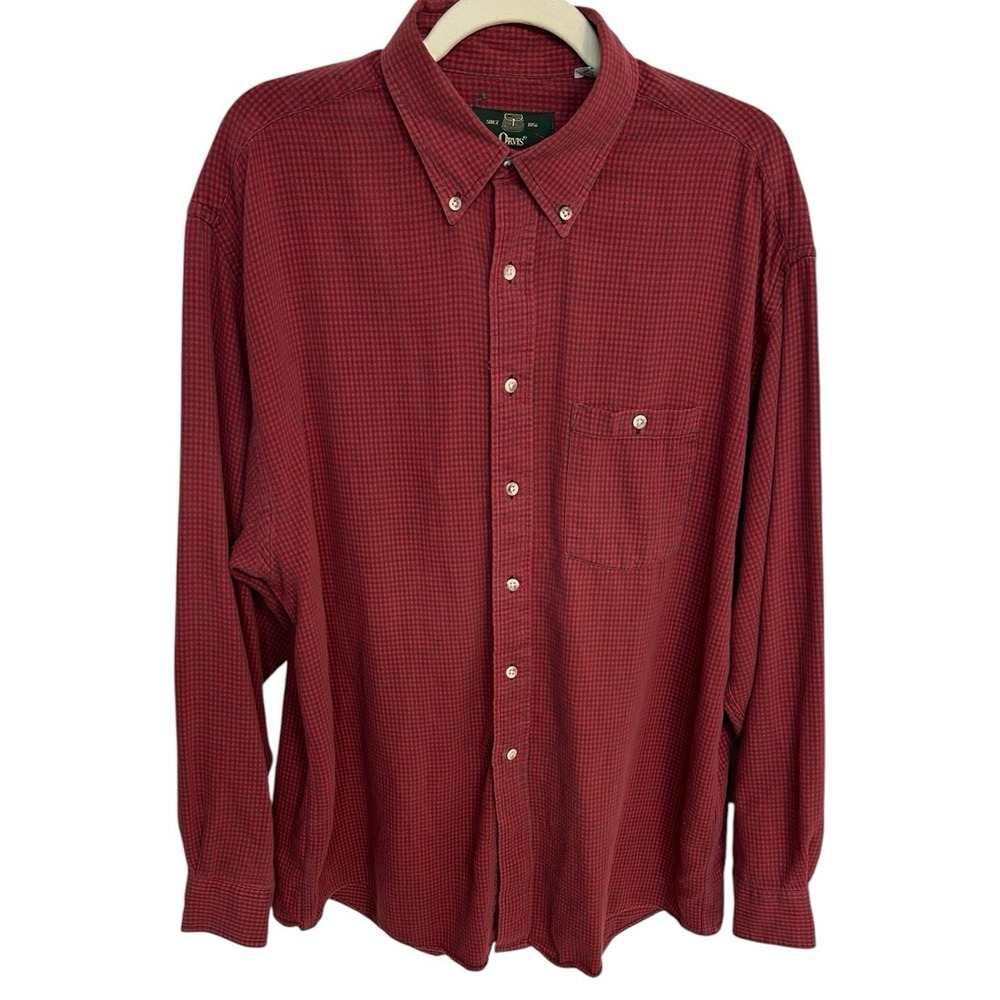 Vintage Orvis houndstooth men's Red work pocket heavy cotton button down xl